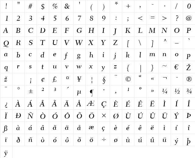 Fairfield LT CaptionMedium Regular  glyph index