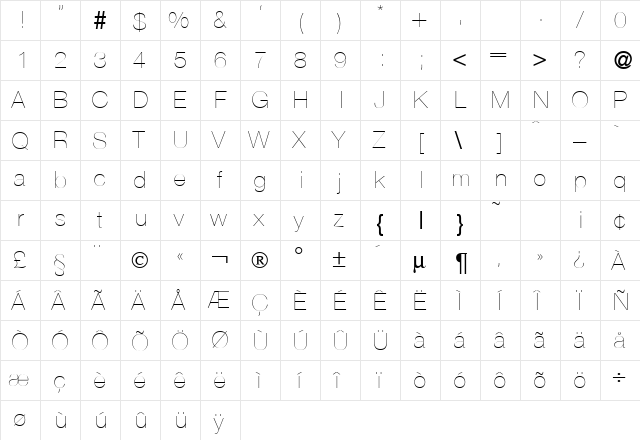 HelbaXLightDB Normal  glyph index