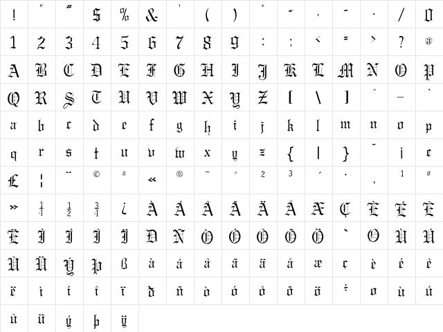 GregorianFLF Regular  glyph index