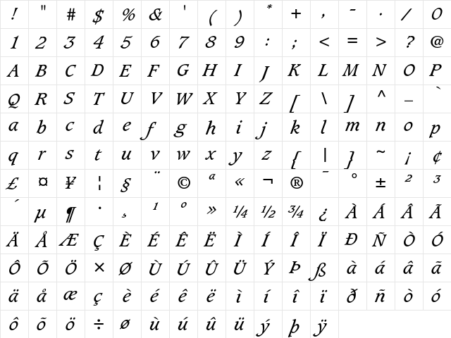 Caxton Book Italic  glyph index