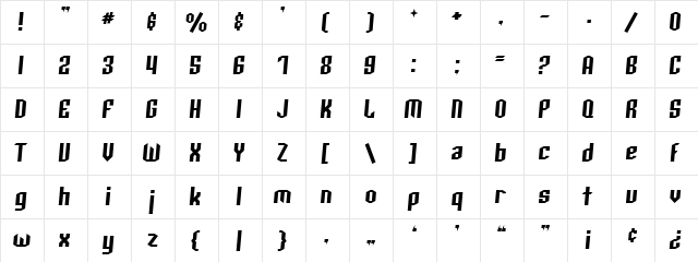 SF Archery Black Italic  glyph index
