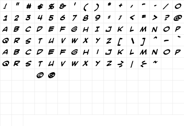 SmackAttack BB Bold  glyph index