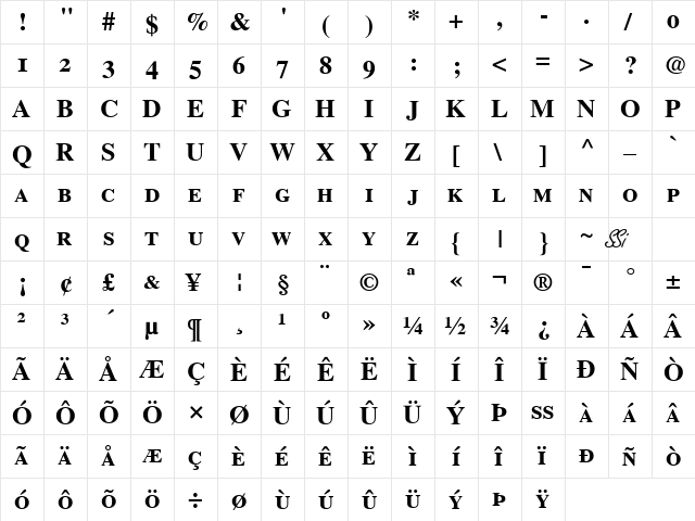 Greco OldStyle SSi Bold Small Caps  glyph index