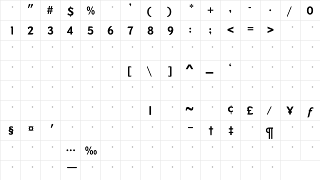 DundeeBoldTab Regular  glyph index