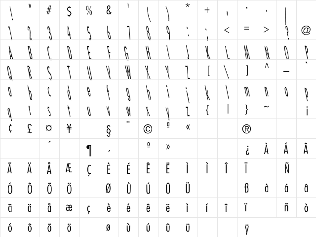 CatScratch Thin Rev Italic Regular  glyph index