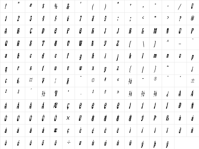 Epic Thin Italic  glyph index