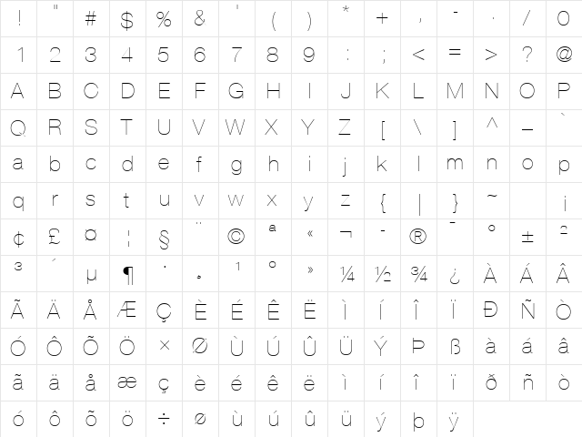 Helvetica Neue LT Com 25 Ultra Light  glyph index