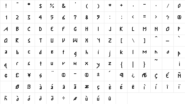 Inkabod Regular  glyph index