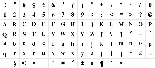 LatinskijC Bold  glyph index