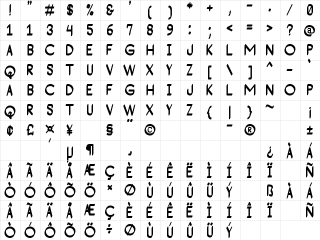 Consequad St Regular  glyph index