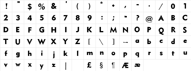 Metro Black HPLHS  glyph index