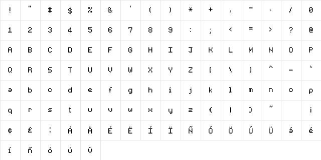 EXEPixelPerfect Medium  glyph index