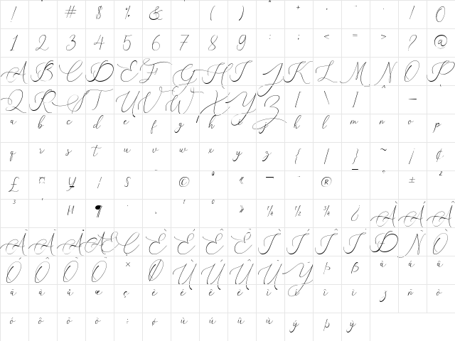 Belinda Carolyne Regular  glyph index