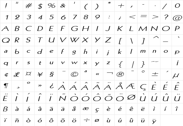 Geo 112 Extended Italic  glyph index