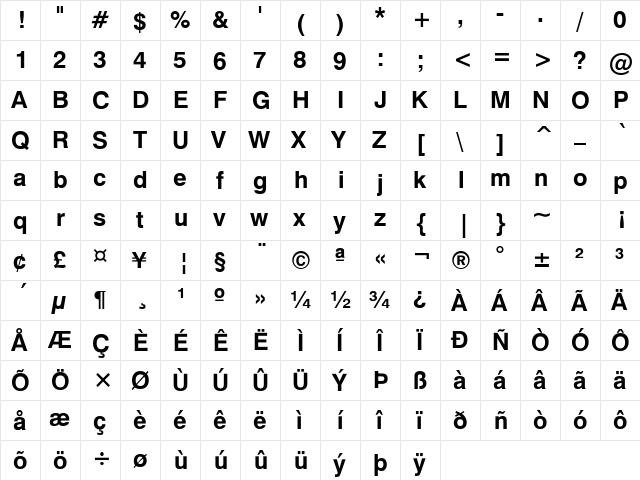 Halvett Bold  glyph index