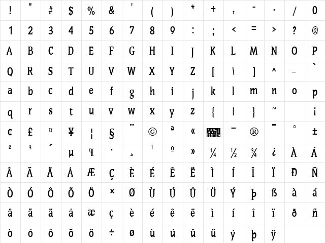 SenateCondensed Bold  glyph index