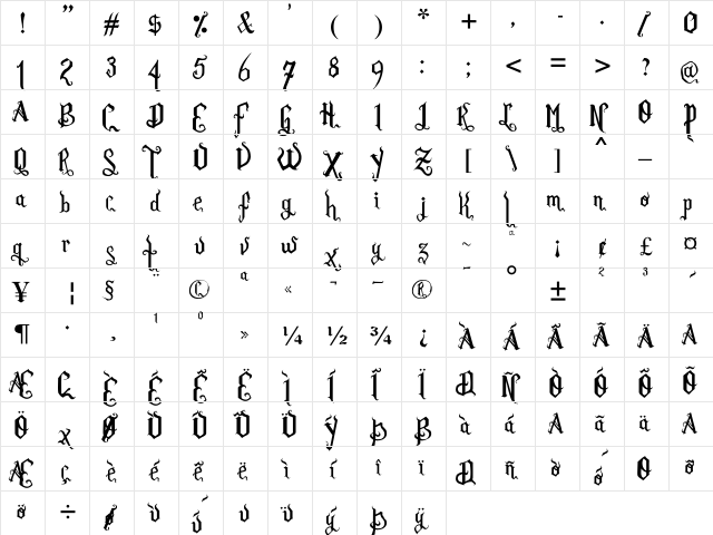 Romance Fatal Goth Regular  glyph index