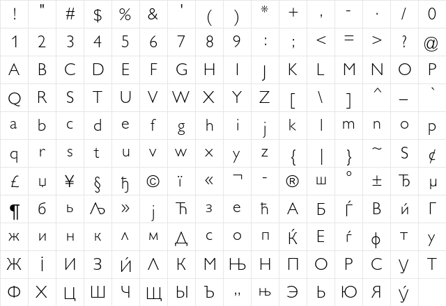 GillSans SA-Light Regular  glyph index