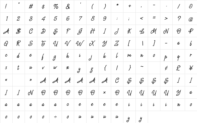 Baby Sophia Italic  glyph index
