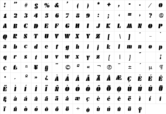 DekoBlack-Serial RegularItalic  glyph index