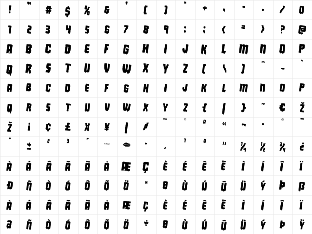 Deathblood Rotated 2 Regular  glyph index