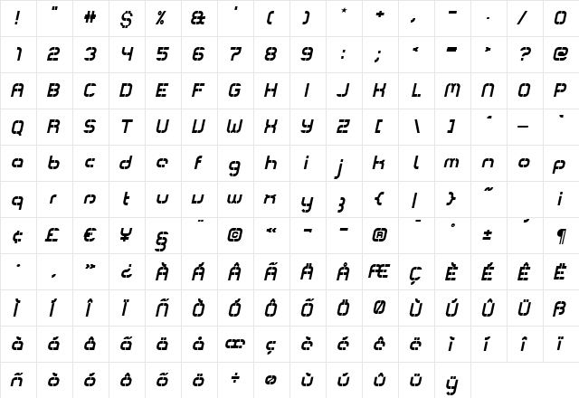ComsatBox Italic Regular  glyph index