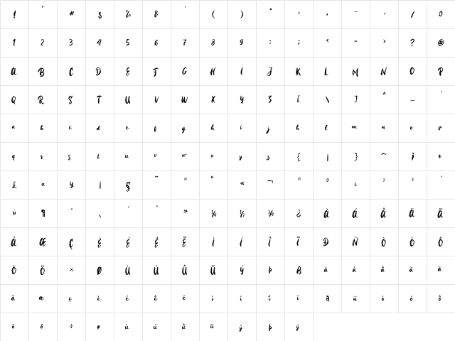 Blue Ocean Brush Regular  glyph index