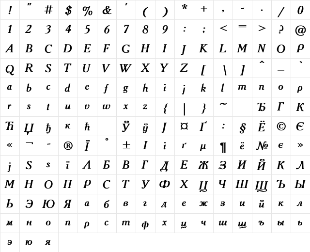 Academy Bold Italic  glyph index