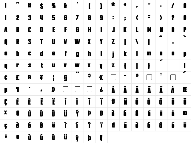 Bayformance Bold  glyph index