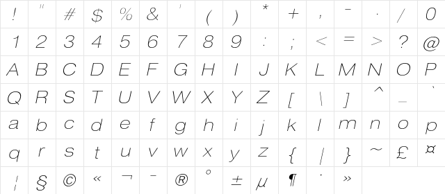 HeliosExtThinC Italic  glyph index