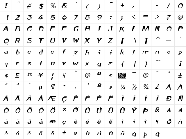 TempuraExpanded kursiv  glyph index