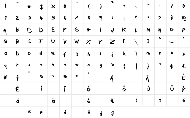 Xaligraphy Bold  glyph index