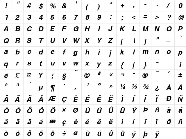 Helvetica Bold Oblique  glyph index