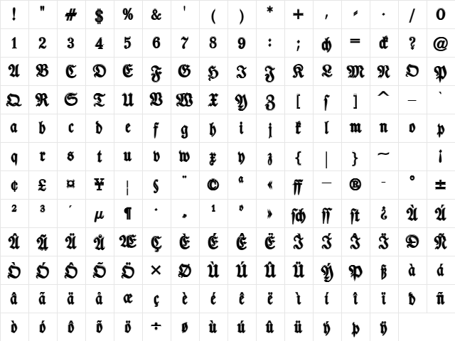 TypographerFraktur Contour Regular  glyph index