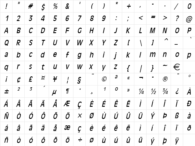 Antiqua101Condensed Italic  glyph index