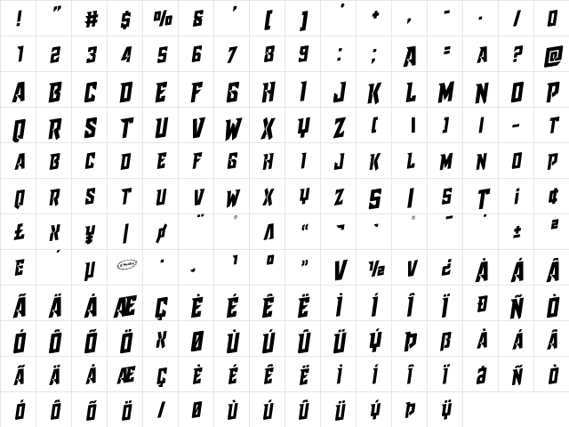 Raider Crusader Rotalic Regular  glyph index