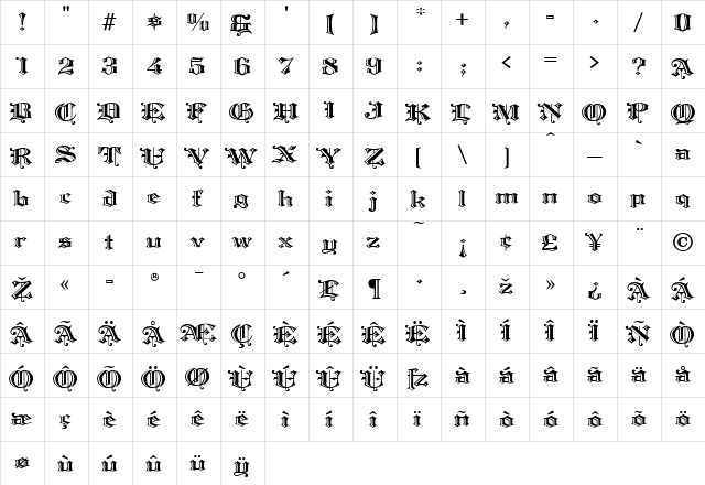 Warwick Regular  glyph index