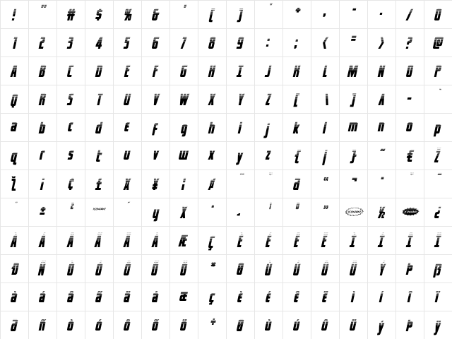 Captain Canaveral HalftoneItal Italic  glyph index