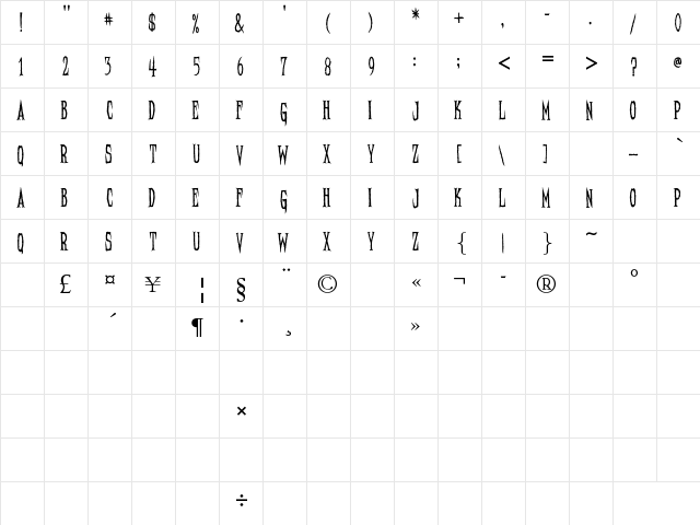 Needleteeth Regular Regular  glyph index