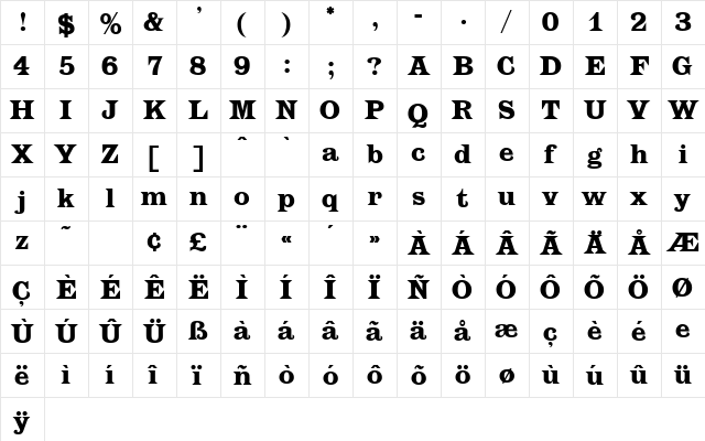 Latiara Regular  glyph index