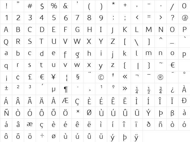 PreciousSansBook Regular  glyph index