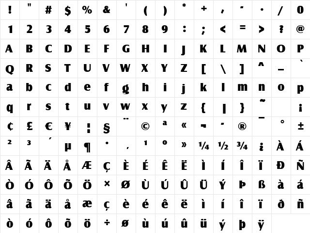 Canossa-Ultra Regular  glyph index