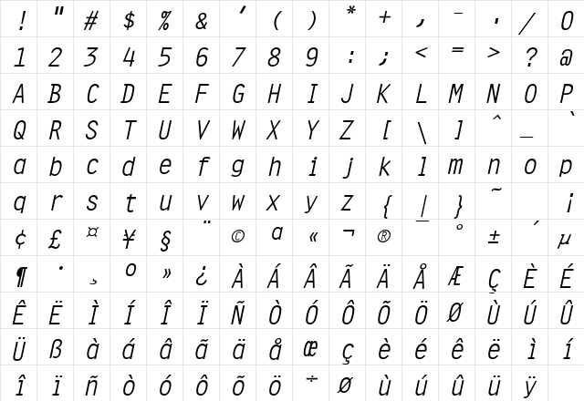 Orator Oblique  glyph index