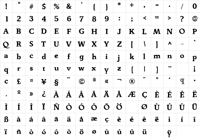 Derringer Bold  glyph index