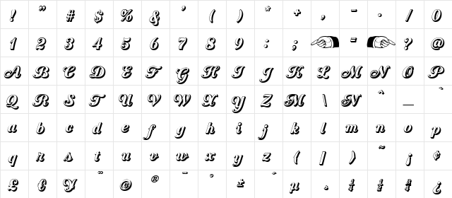 Country Western Script Open Regular  glyph index