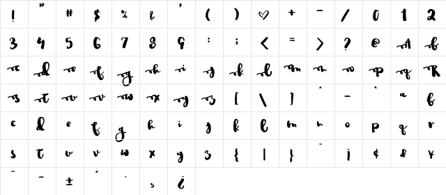 JustinRoad Regular  glyph index