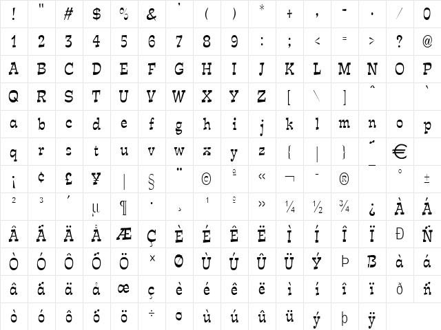 ExposeThinCondensed Normal  glyph index