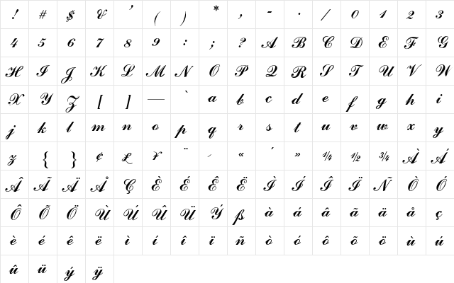 Commercial Script AT Regular  glyph index