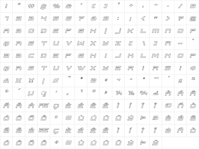 Blade Singer Outline Italic Regular  glyph index