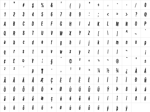 Car Regular  glyph index